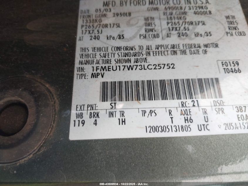 2003 Ford Expedition Eddie Bauer VIN: 1FMEU17W73LC25752 Lot: 43508934