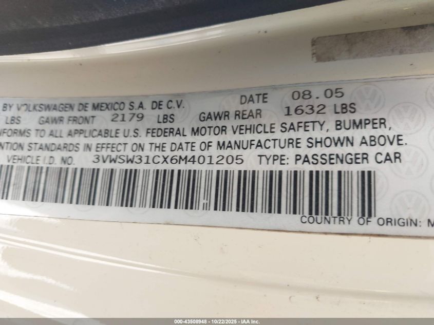2006 Volkswagen New Beetle 2.5 VIN: 3VWSW31CX6M401205 Lot: 43508948