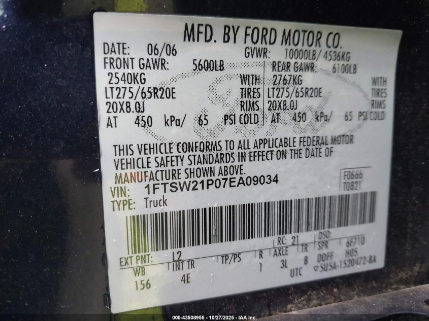 2007 Ford F-250 Lariat/Xl/Xlt VIN: 1FTSW21P07EA09034 Lot: 43508955