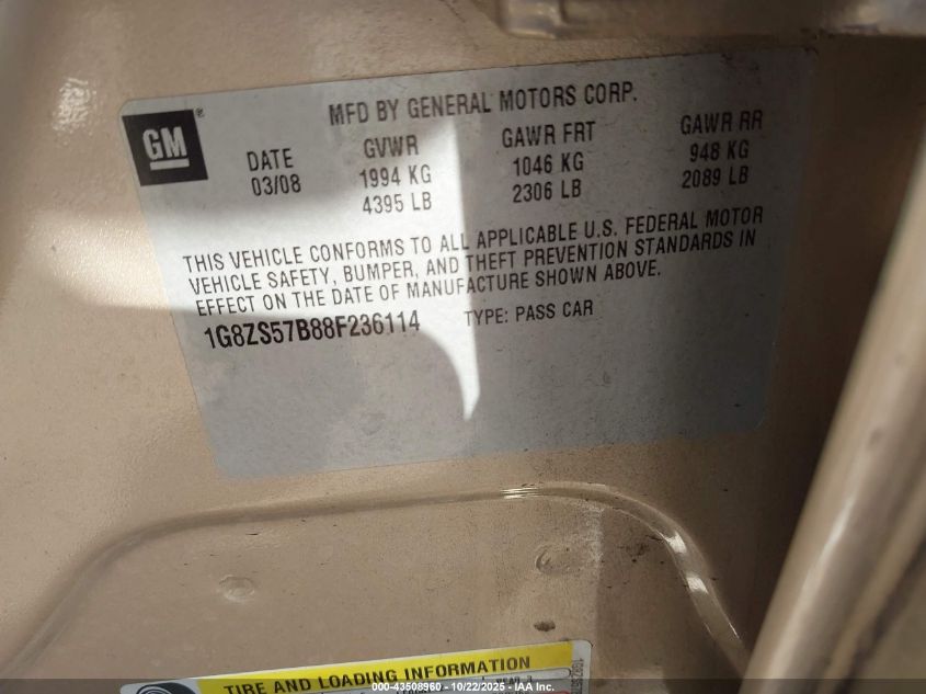 2008 Saturn Aura Xe VIN: 1G8ZS57B88F236114 Lot: 43508960