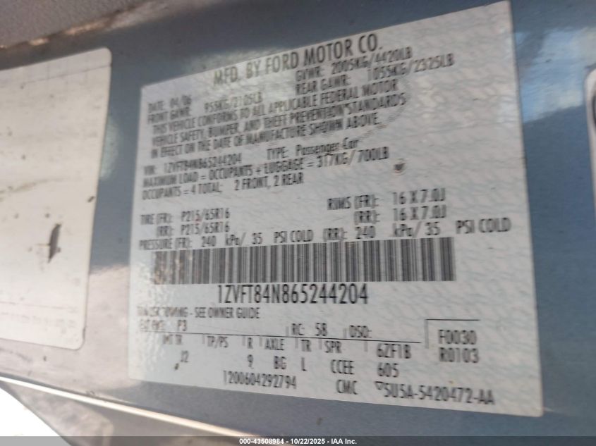 2006 Ford Mustang V6 VIN: 1ZVFT84N865244204 Lot: 43508984