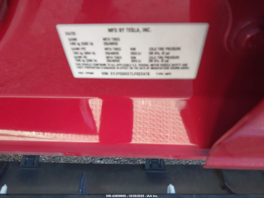 2020 Tesla Model Y Long Range Dual Motor All-Wheel Drive VIN: 5YJYGDEE7LF022478 Lot: 43508989