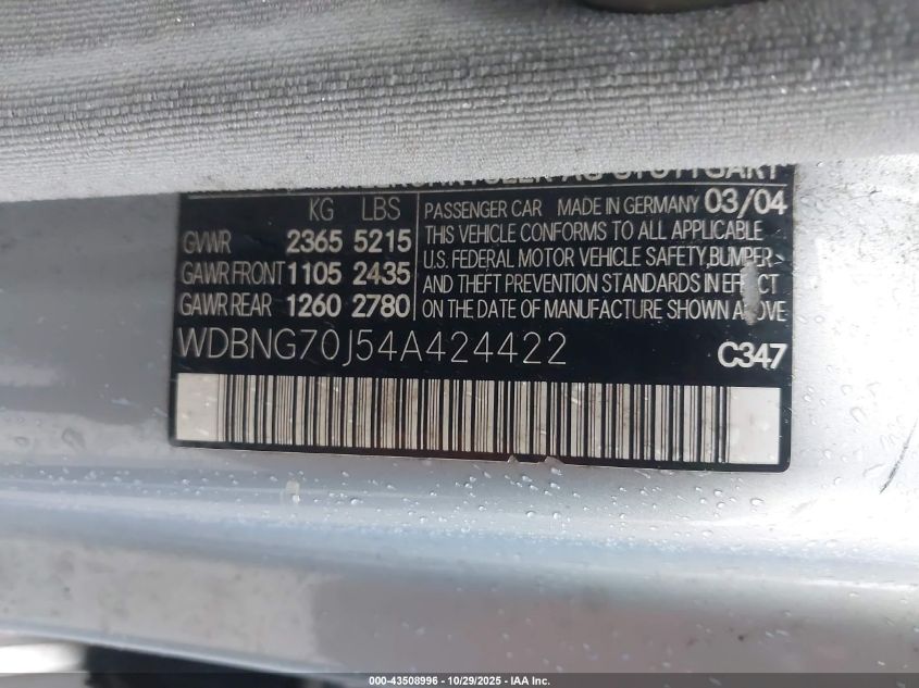 2004 Mercedes-Benz S 430 VIN: WDBNG70J54A424422 Lot: 43508996