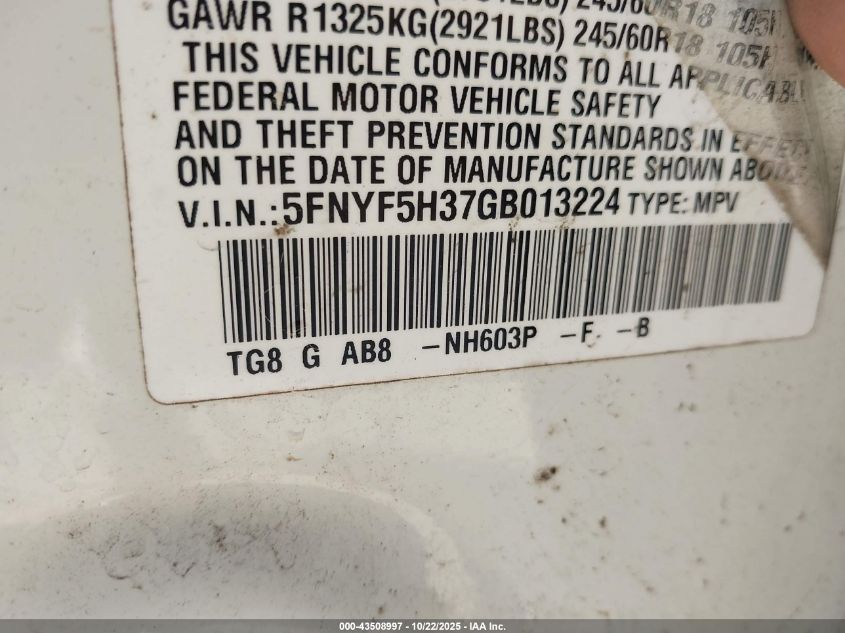 2016 HONDA PILOT EX 5FNYF5H37GB013224