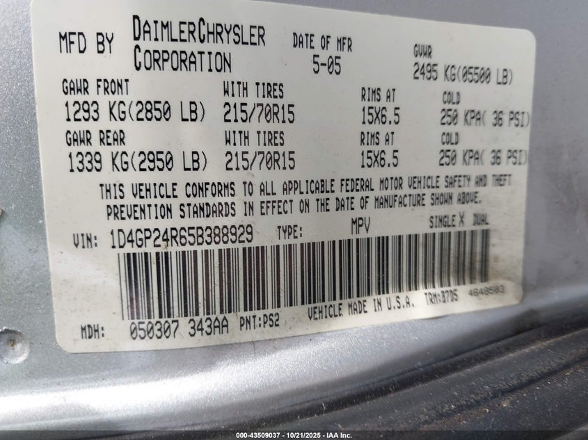 2005 Dodge Grand Caravan Se VIN: 1D4GP24R65B388929 Lot: 43509037