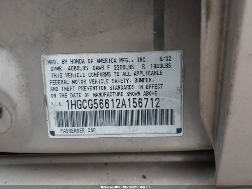 1HGCG56612A156712 2002 HONDA ACCORD photo no. 9