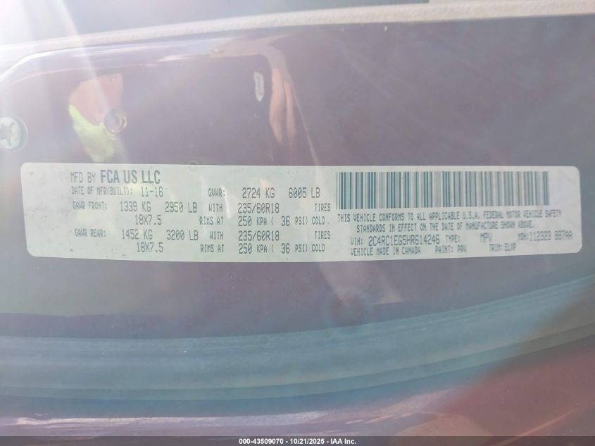 2017 Chrysler Pacifica Touring-L Plus VIN: 2C4RC1EG5HR614246 Lot: 43509070