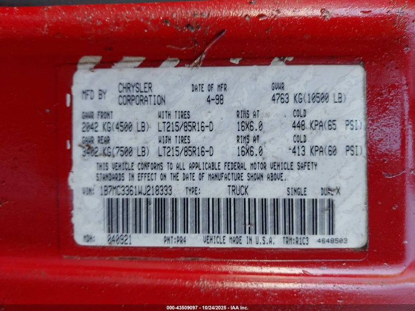 1B7MC3361WJ218333 1998 DODGE RAM photo no. 8