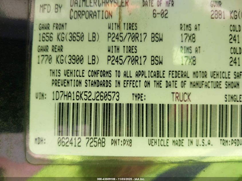 2002 Dodge Ram 1500 St VIN: 1D7HA16K52J260573 Lot: 43509106