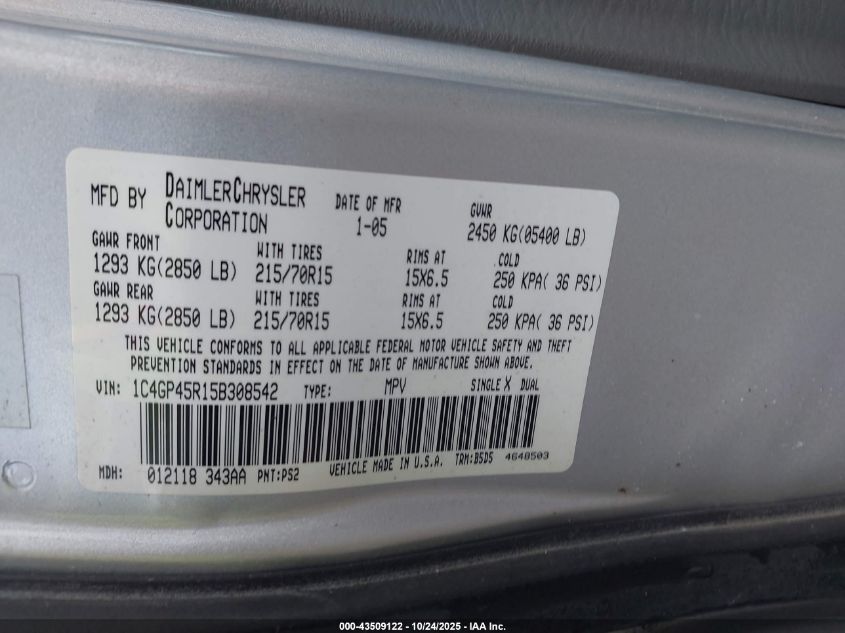 2005 Chrysler Town & Country VIN: 1C4GP45R15B308542 Lot: 43509122