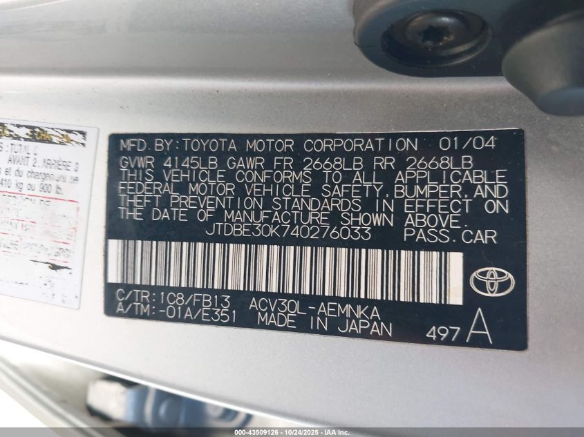 2004 Toyota Camry Le/Se/Xle VIN: JTDBE30K740276033 Lot: 43509126