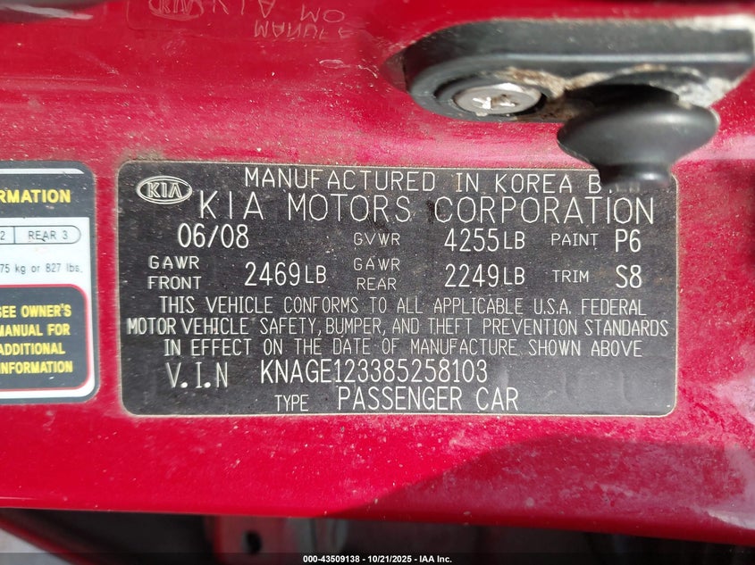 2008 Kia Optima Lx VIN: KNAGE123385258103 Lot: 43509138