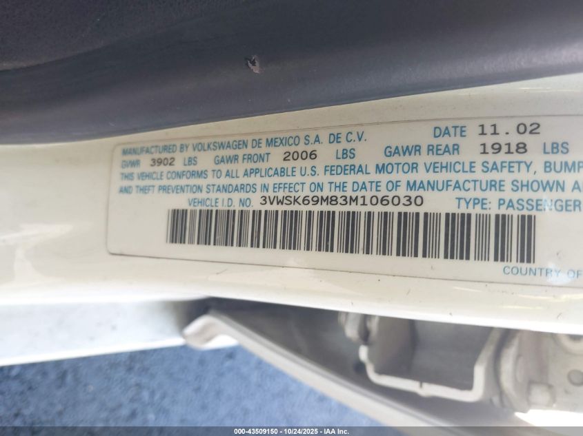 2003 Volkswagen Jetta Gls 2.0L VIN: 3VWSK69M83M106030 Lot: 43509150