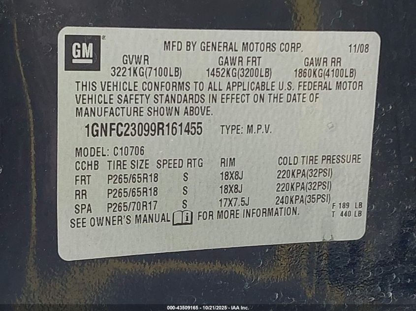 2009 Chevrolet Tahoe Lt2 VIN: 1GNFC23099R161455 Lot: 43509165