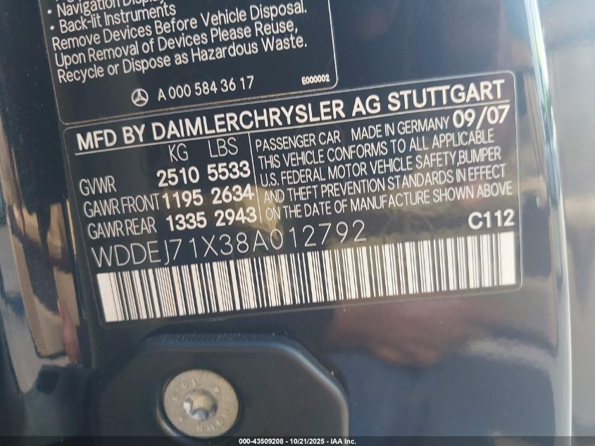 2008 Mercedes-Benz Cl 550 VIN: WDDEJ71X38A012792 Lot: 43509208