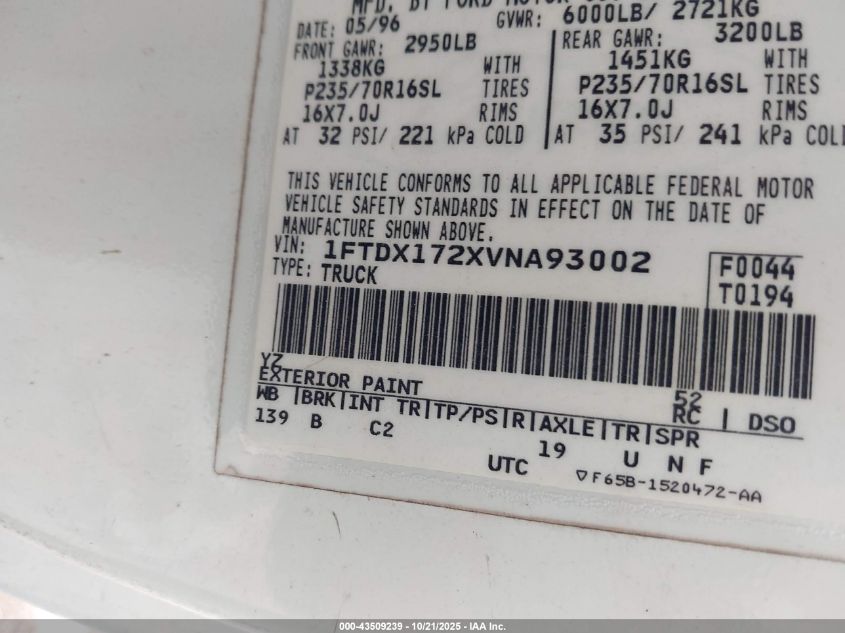 1997 Ford F-150 Standard/Xl/Xlt VIN: 1FTDX172XVNA93002 Lot: 43509239