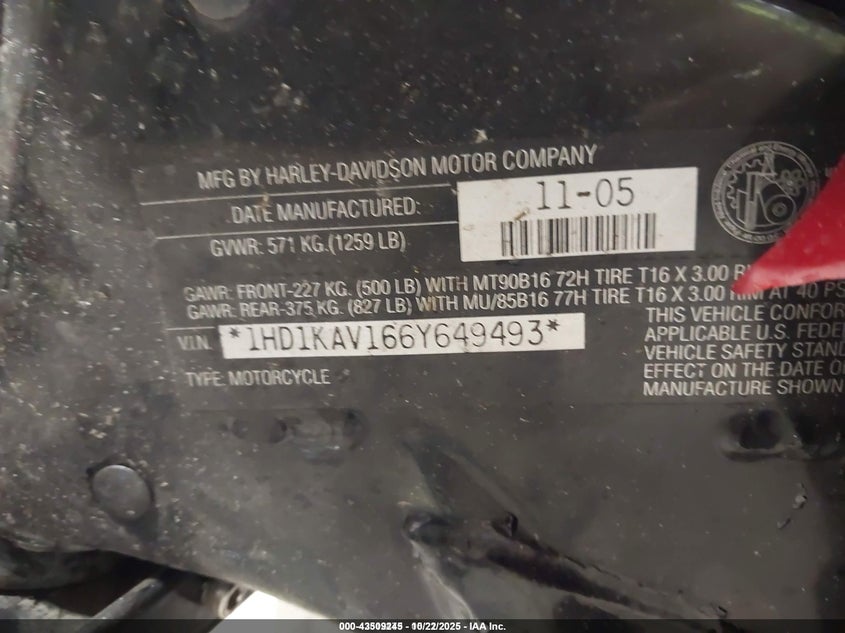 2006 Harley-Davidson Flhx VIN: 1HD1KAV166Y649493 Lot: 43509245