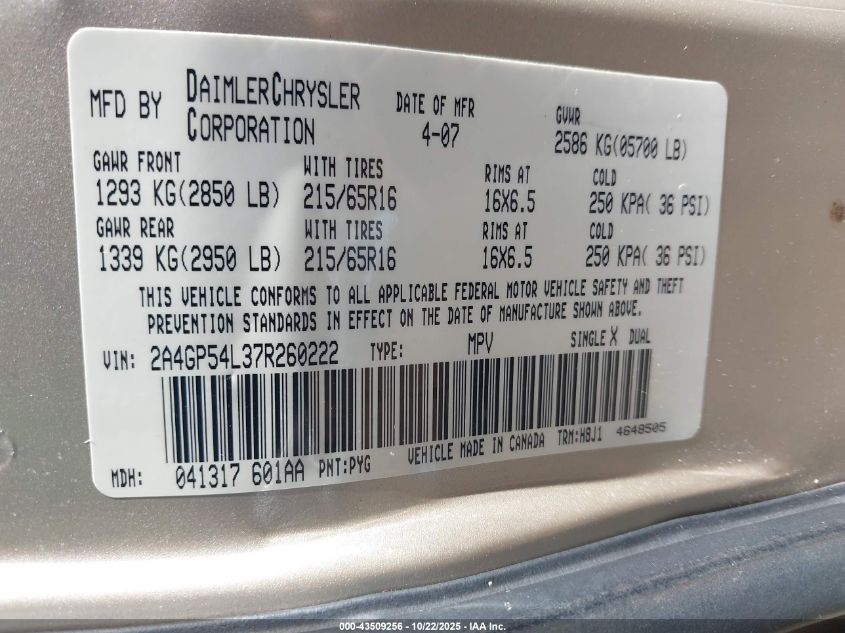 2007 Chrysler Town & Country Touring VIN: 2A4GP54L37R260222 Lot: 43509256