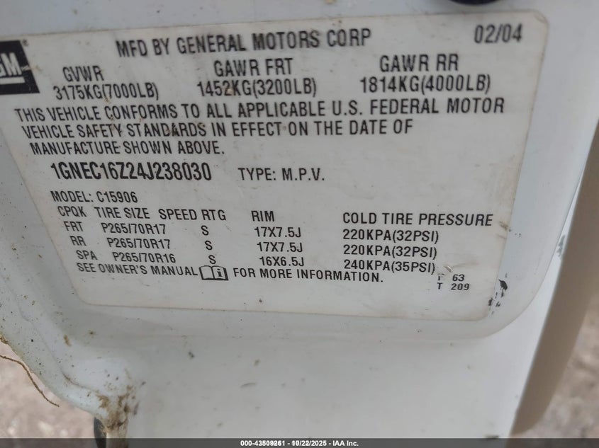 2004 Chevrolet Suburban 1500 Ls VIN: 1GNEC16Z24J238030 Lot: 43509261