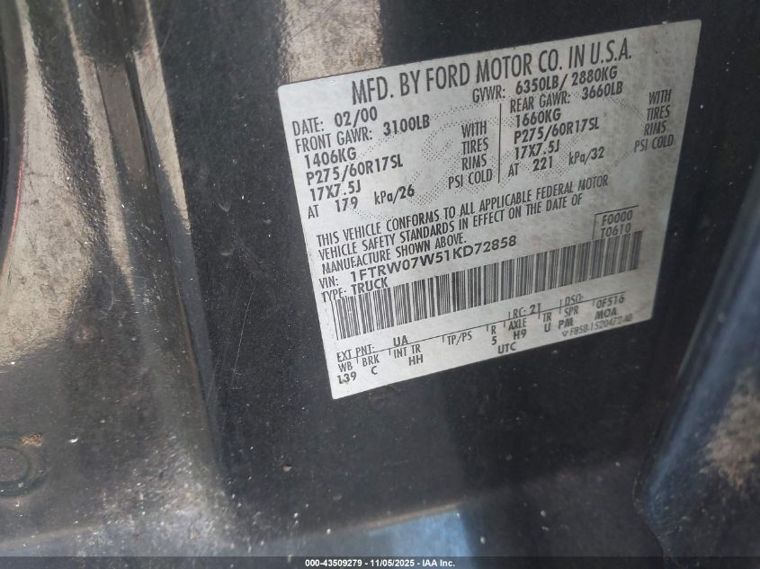 2001 Ford F-150 Harley-Davidson Edition/King Ranch Edition/Lariat/Xlt VIN: 1FTRW07W51KD72858 Lot: 43509279