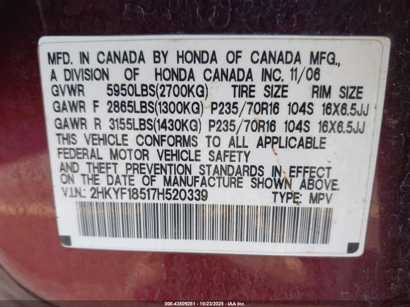 2007 Honda Pilot Ex-L VIN: 2HKYF18517H520339 Lot: 43509281
