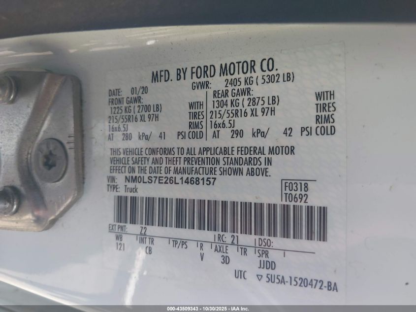 2020 Ford Transit Connect Xl VIN: NM0LS7E26L1468157 Lot: 43509343