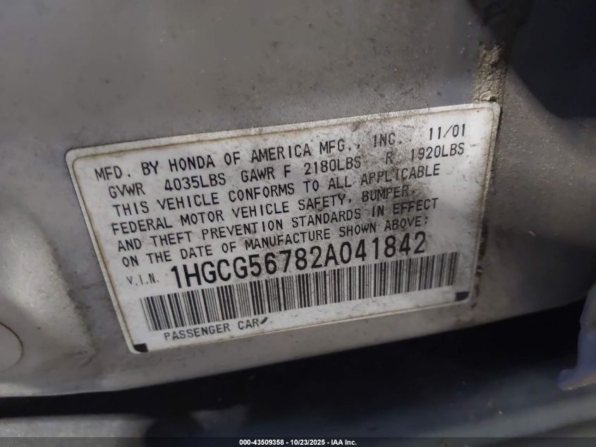 2002 Honda Accord 2.3 Se VIN: 1HGCG56782A041842 Lot: 43509358