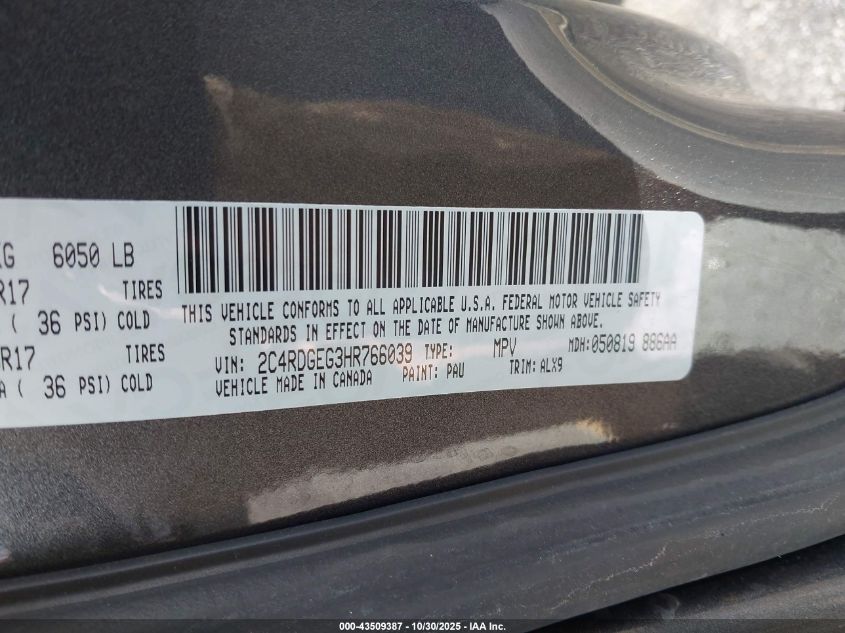 2017 Dodge Grand Caravan Gt VIN: 2C4RDGEG3HR766039 Lot: 43509387