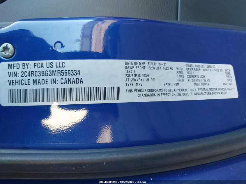 2021 Chrysler Pacifica Touring L Awd VIN: 2C4RC3BG3MR569334 Lot: 43509399