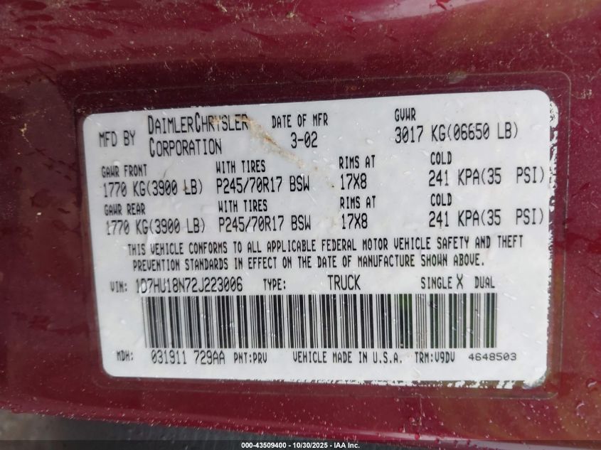 2002 Dodge Ram 1500 St VIN: 1D7HU18N72J223006 Lot: 43509400