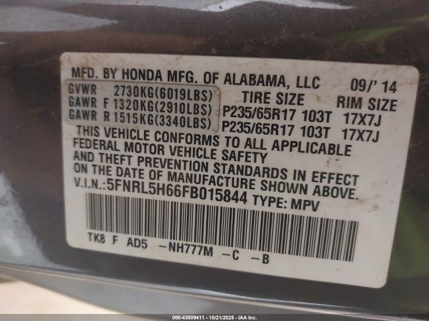 2015 Honda Odyssey Ex-L VIN: 5FNRL5H66FB015844 Lot: 43509411