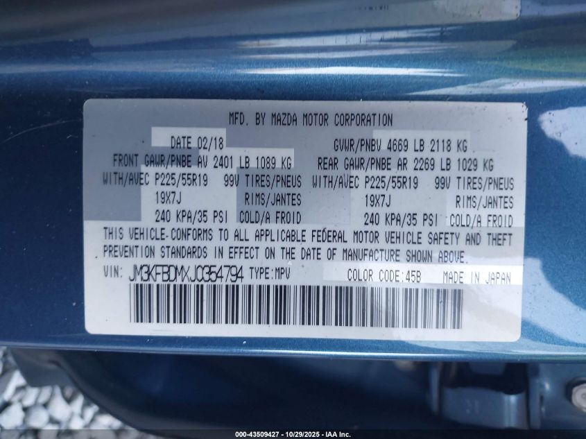 2018 Mazda Cx-5 Grand Touring VIN: JM3KFBDMXJ0354794 Lot: 43509427