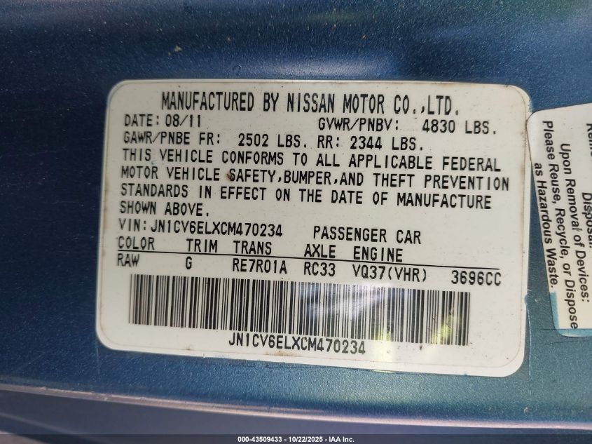 2012 Infiniti G37X VIN: JN1CV6ELXCM470234 Lot: 43509433