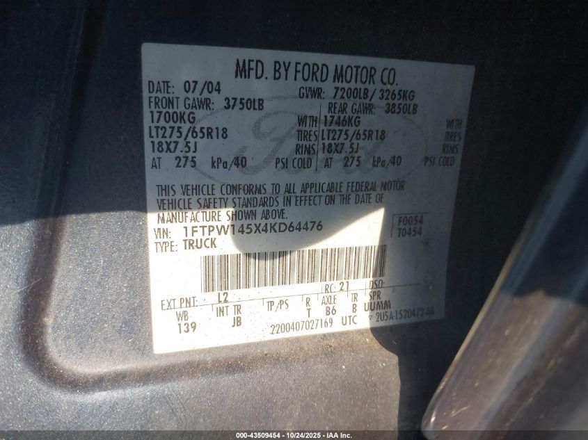 2004 Ford F-150 Fx4/Lariat/Xlt VIN: 1FTPW145X4KD64476 Lot: 43509454