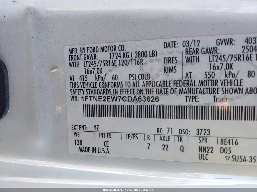 2012 Ford E-250 Commercial VIN: 1FTNE2EW7CDA63626 Lot: 43509474