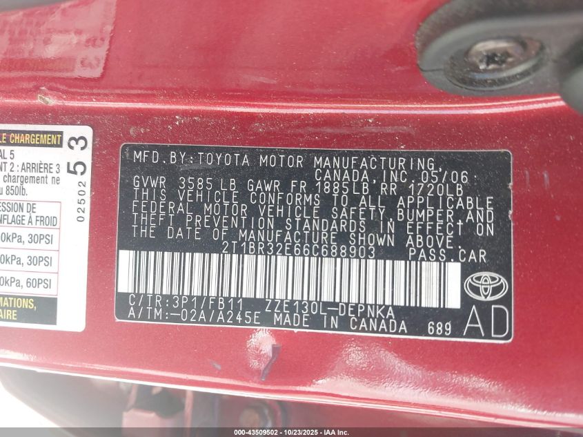 2006 Toyota Corolla Le VIN: 2T1BR32E66C688903 Lot: 43509502