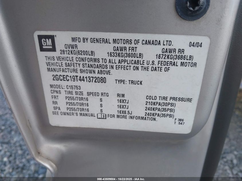 2004 Chevrolet Silverado 1500 Ls VIN: 2GCEC19T441372080 Lot: 43509504