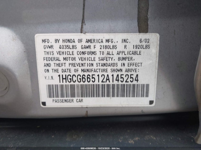 1HGCG66512A145254 2002 HONDA ACCORD photo no. 9