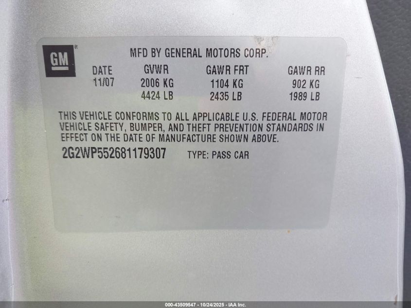 2008 Pontiac Grand Prix VIN: 2G2WP552681179307 Lot: 43509547