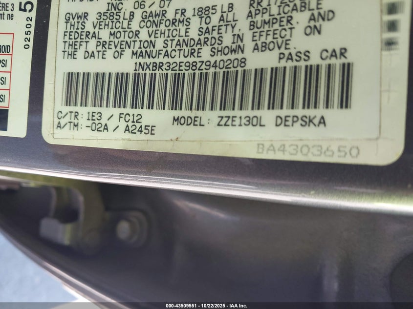 1NXBR32E98Z940208 2008 TOYOTA COROLLA photo no. 9