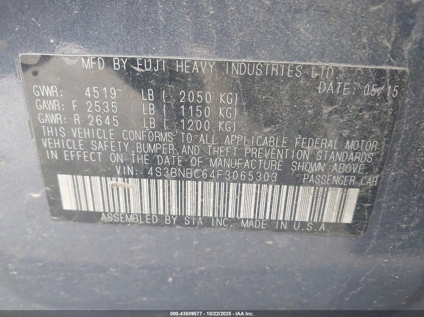 2015 SUBARU LEGACY 2.5I PREMIUM 4S3BNBC64F3065303