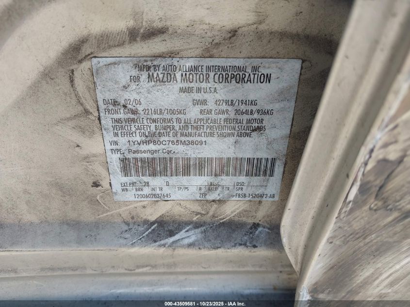 2006 Mazda Mazda6 I VIN: 1YVHP80C765M38091 Lot: 43509581