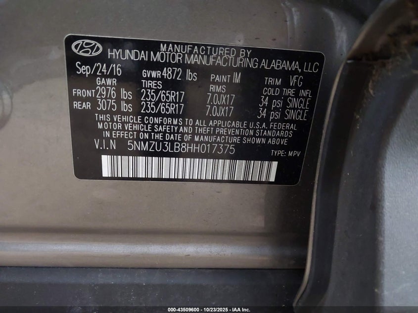 2017 HYUNDAI SANTA FE SPORT 2.4L 5NMZU3LB8HH017375