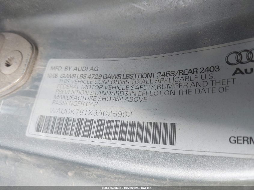 2009 Audi A5 3.2L VIN: WAUDK78TX9A025902 Lot: 43509608