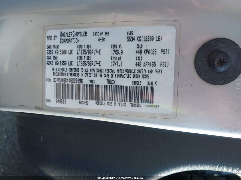 2004 Dodge Ram 3500 Slt/Laramie VIN: 3D7MU48C44G220096 Lot: 43509612