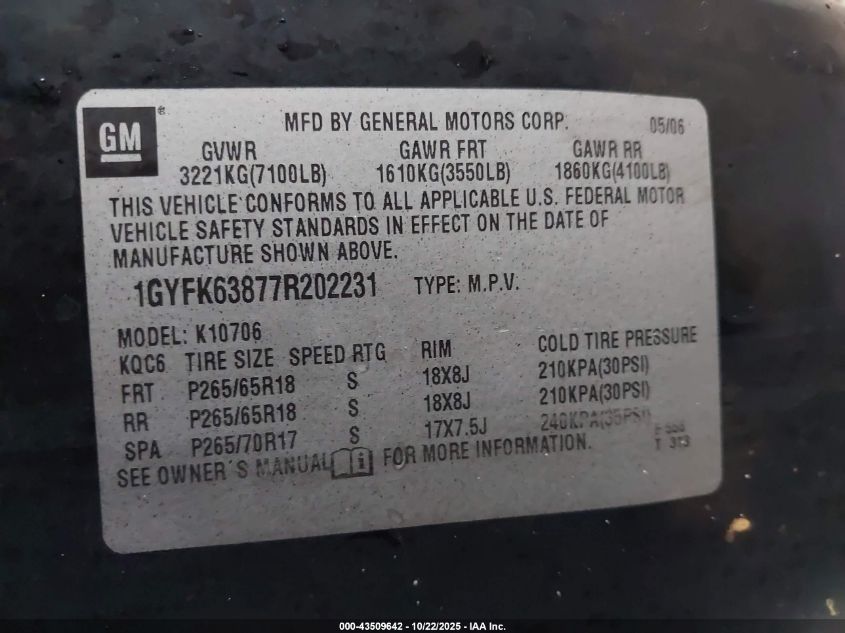 2007 Cadillac Escalade Standard VIN: 1GYFK63877R202231 Lot: 43509642