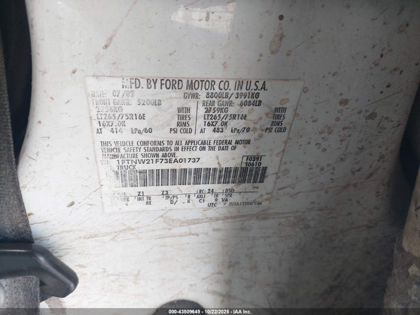 2003 Ford F-250 Lariat/Xl/Xlt VIN: 1FTNW21F73EA01737 Lot: 43509649