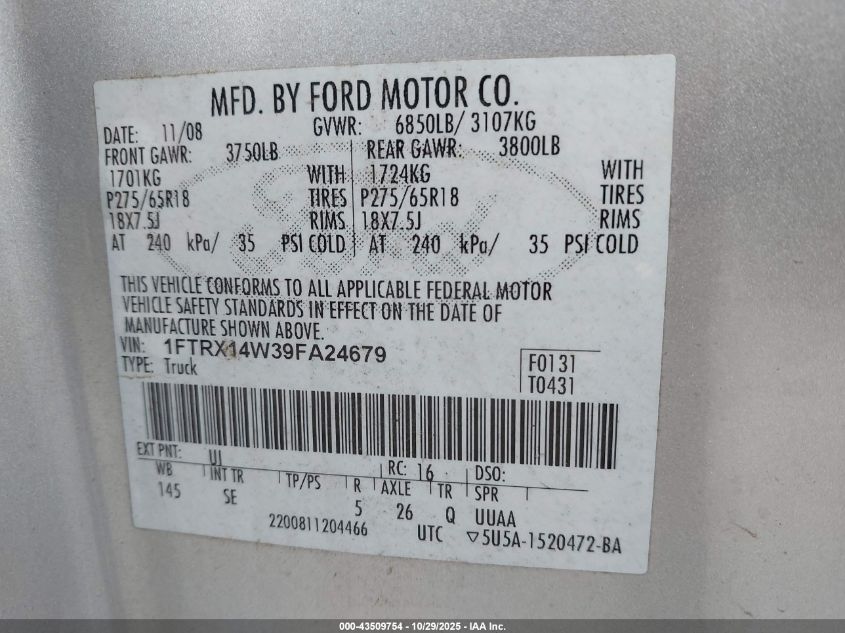 2009 Ford F-150 Stx/Xl VIN: 1FTRX14W39FA24679 Lot: 43509754