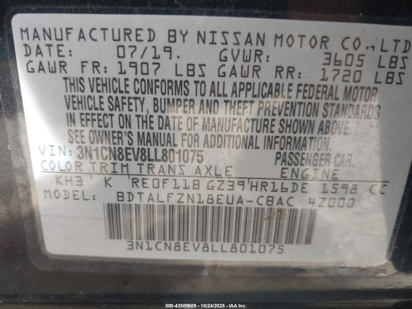 2020 NISSAN VERSA SV XTRONIC CVT 3N1CN8EV8LL801075