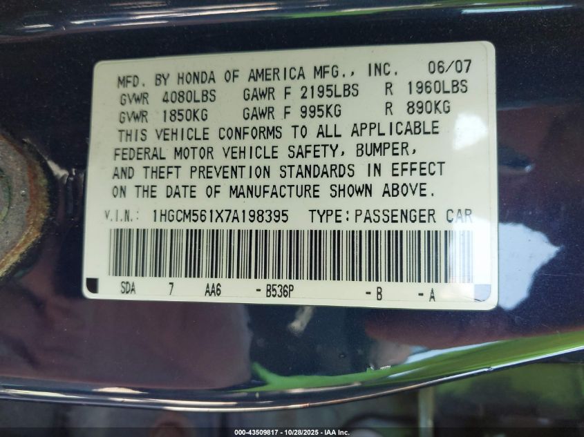 2007 Honda Accord 2.4 Vp VIN: 1HGCM561X7A198395 Lot: 43509817